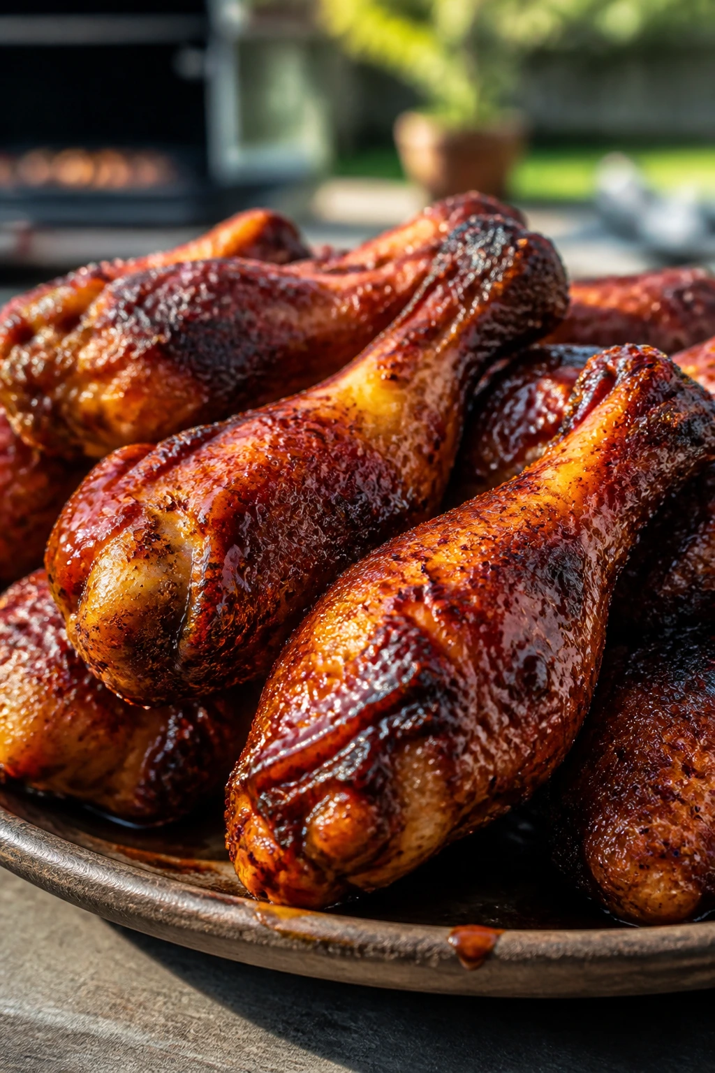 Close-up of dry-rub chicken drumsticks with paprika crust on a rustic platter outdoors