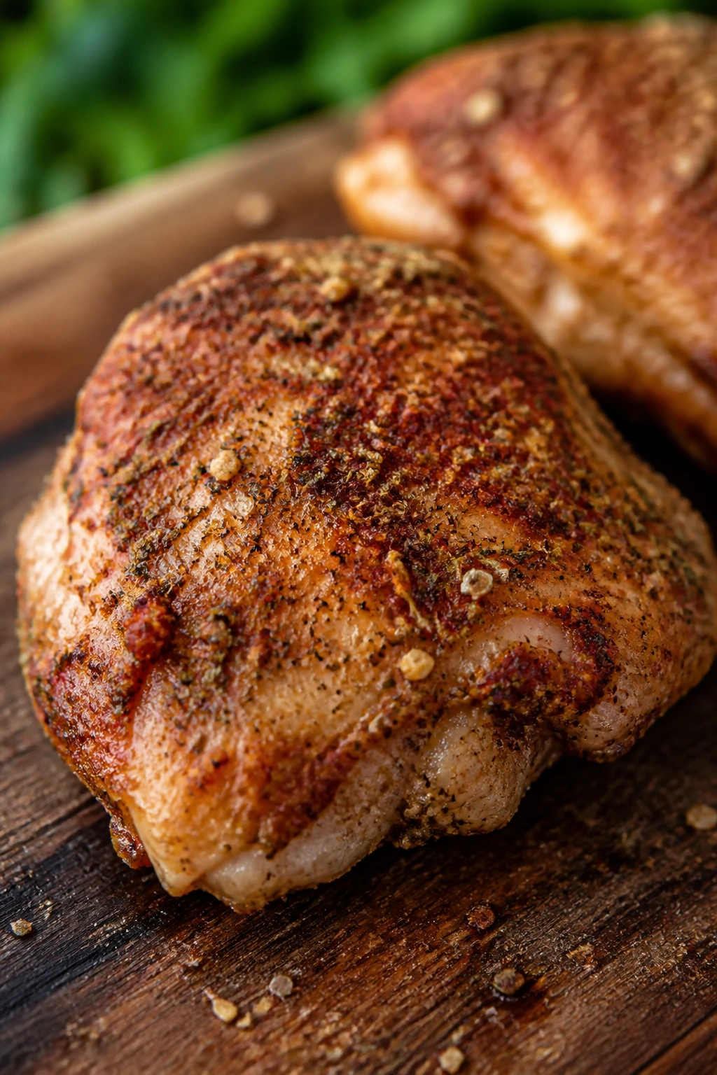 Seasoned chicken thigh with dry rub on wooden board outdoors.