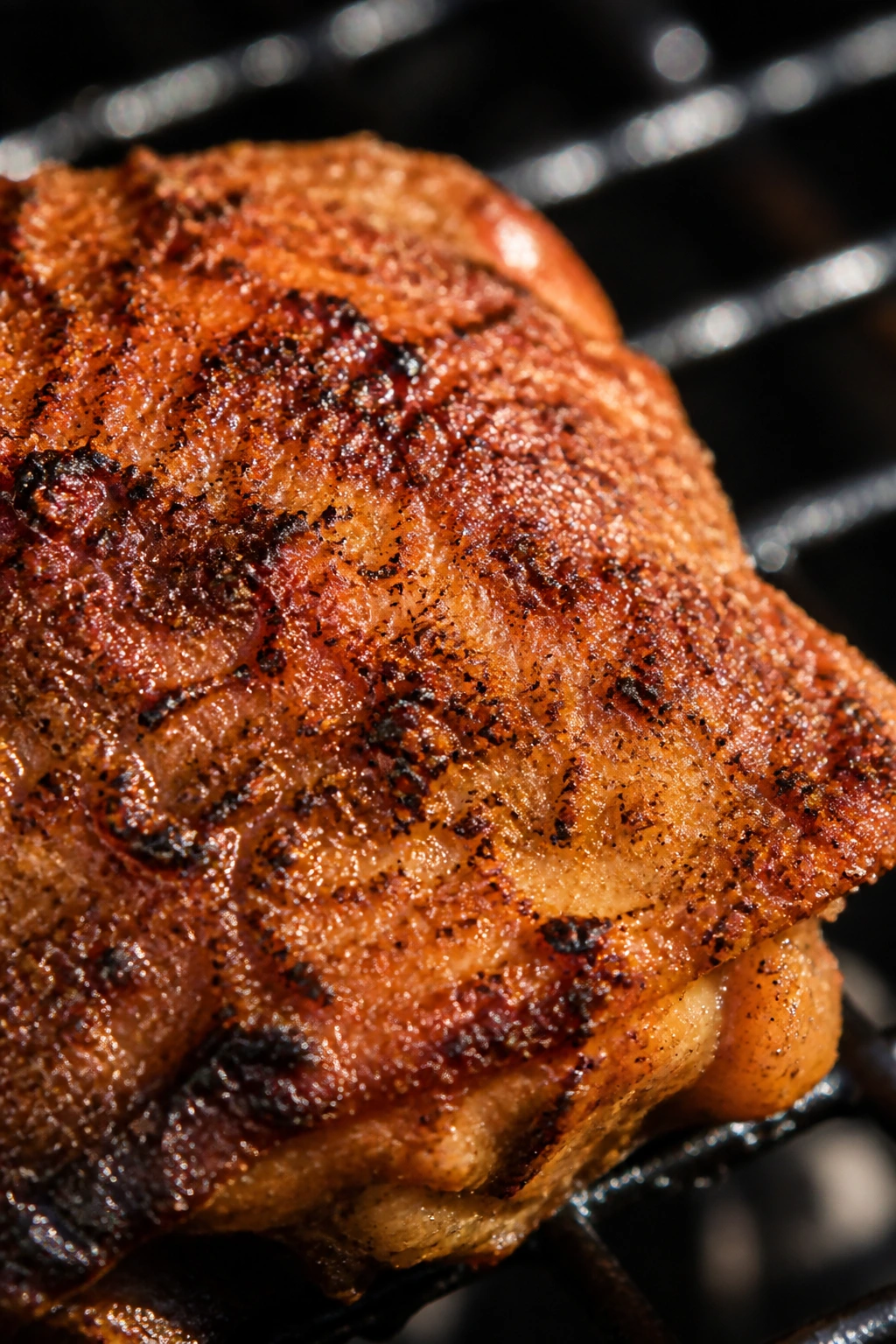 Close-up of a chicken thigh with crusty rub on a grill