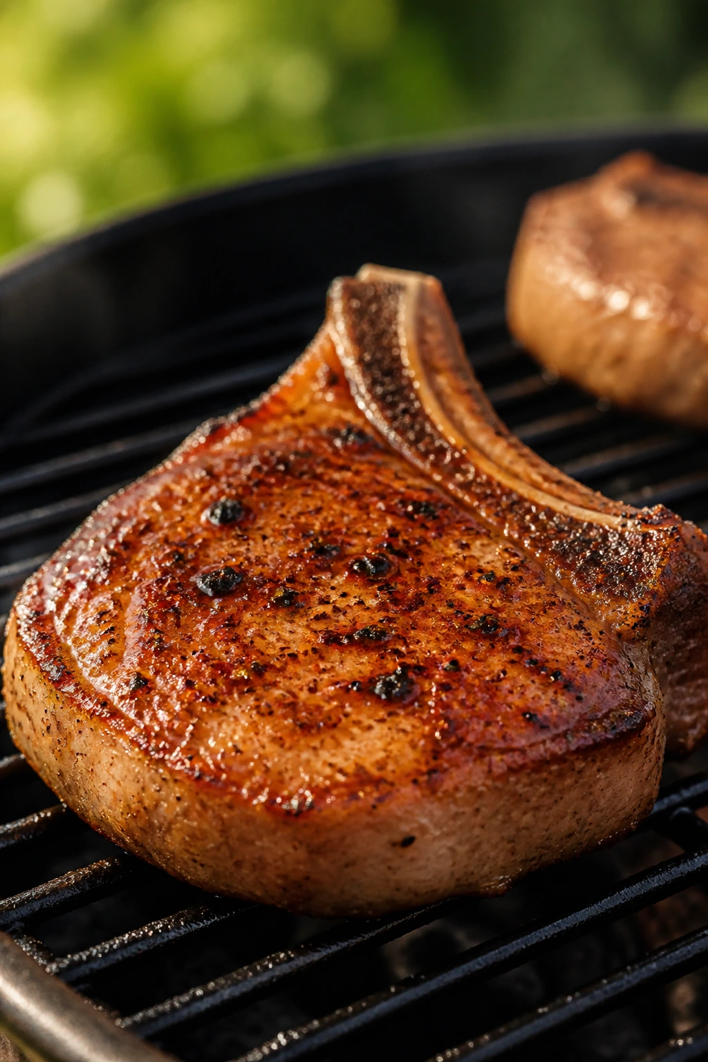 Meat with dry rub and glaze on grill surface in backyard