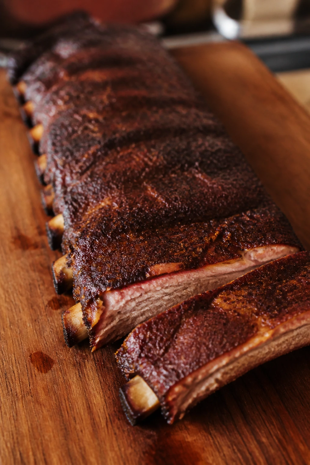 Rack of dry-rubbed baby back ribs on a board