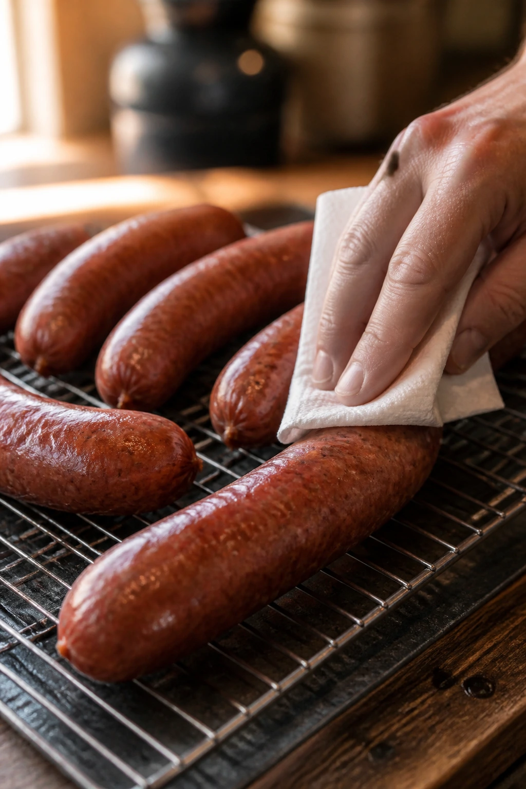 Sausages on a drying rack with dry casings