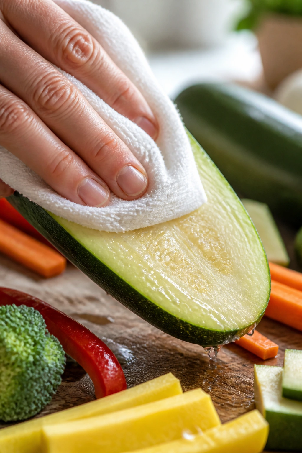 Zucchini being patted dry to beat moisture for browning