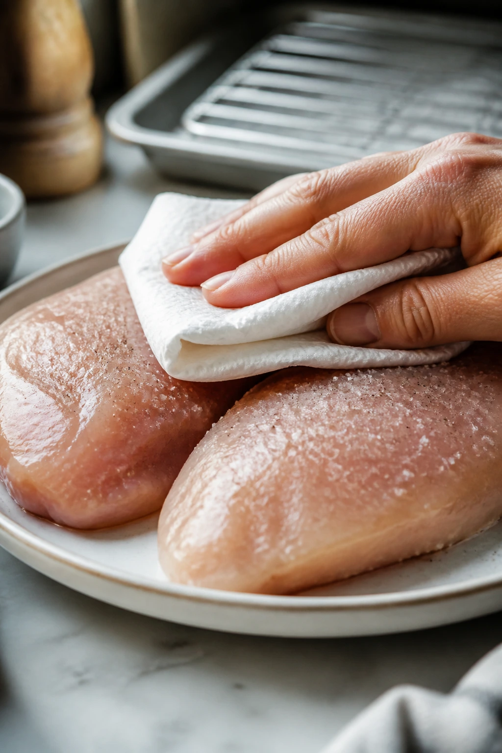 Chicken breast being patted dry to remove surface moisture