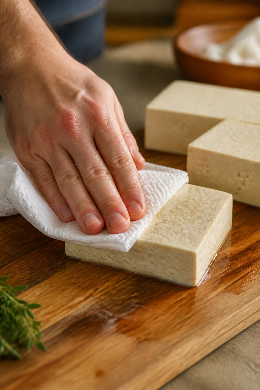 Hand drying tofu on cutting board before grilling