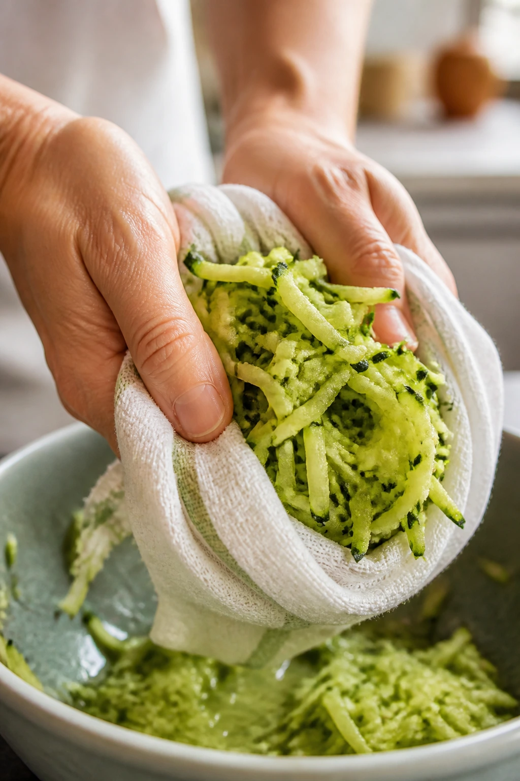 Shredded zucchini being wrung in a towel in a kitchen