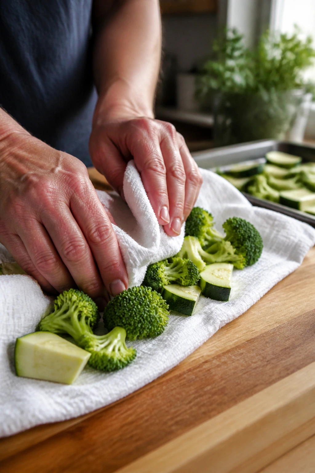 Hands patting dry chopped vegetables on a towel in a kitchen