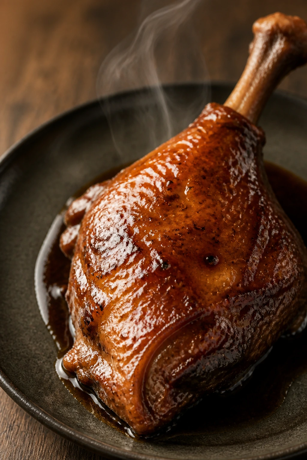 Close-up of lacquered duck leg with five-spice glaze on a dark plate