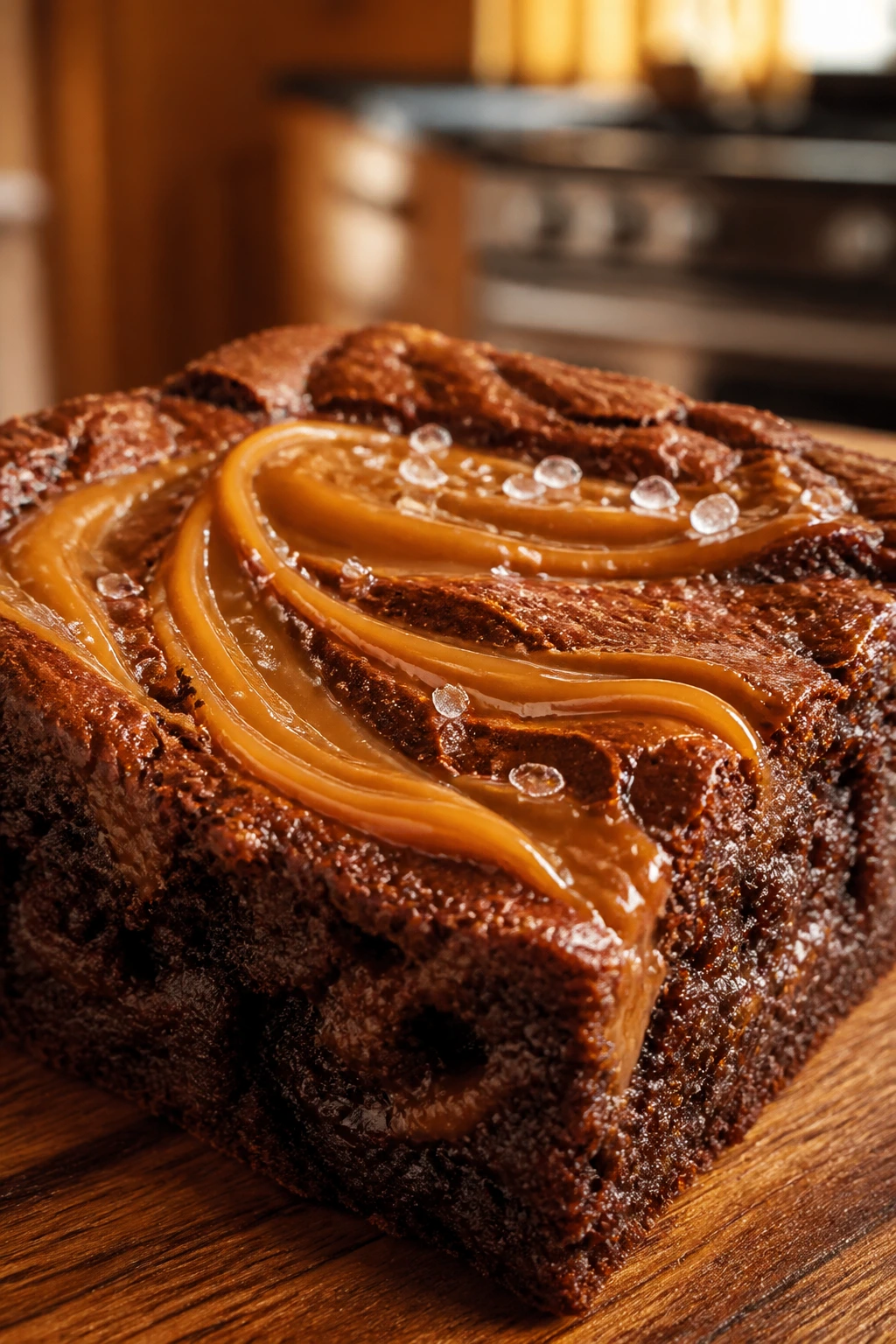 Close-up of a brownie with dulce de leche swirl and flaky salt in a warm kitchen