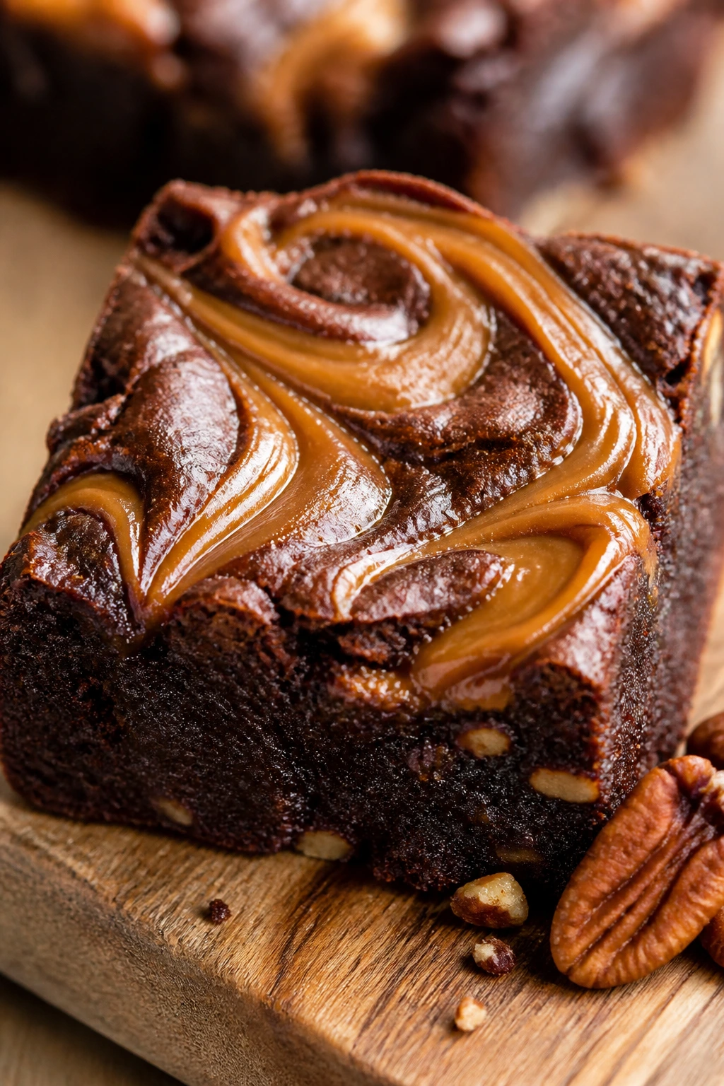 Brownie square with dulce de leche swirl and pecans.