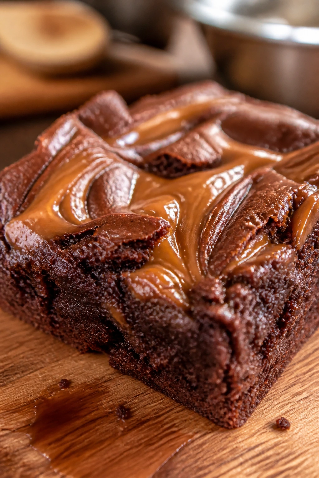 Close-up of Crockpot Dulce de Leche Brownies with a dulce de leche swirl on a cutting board.