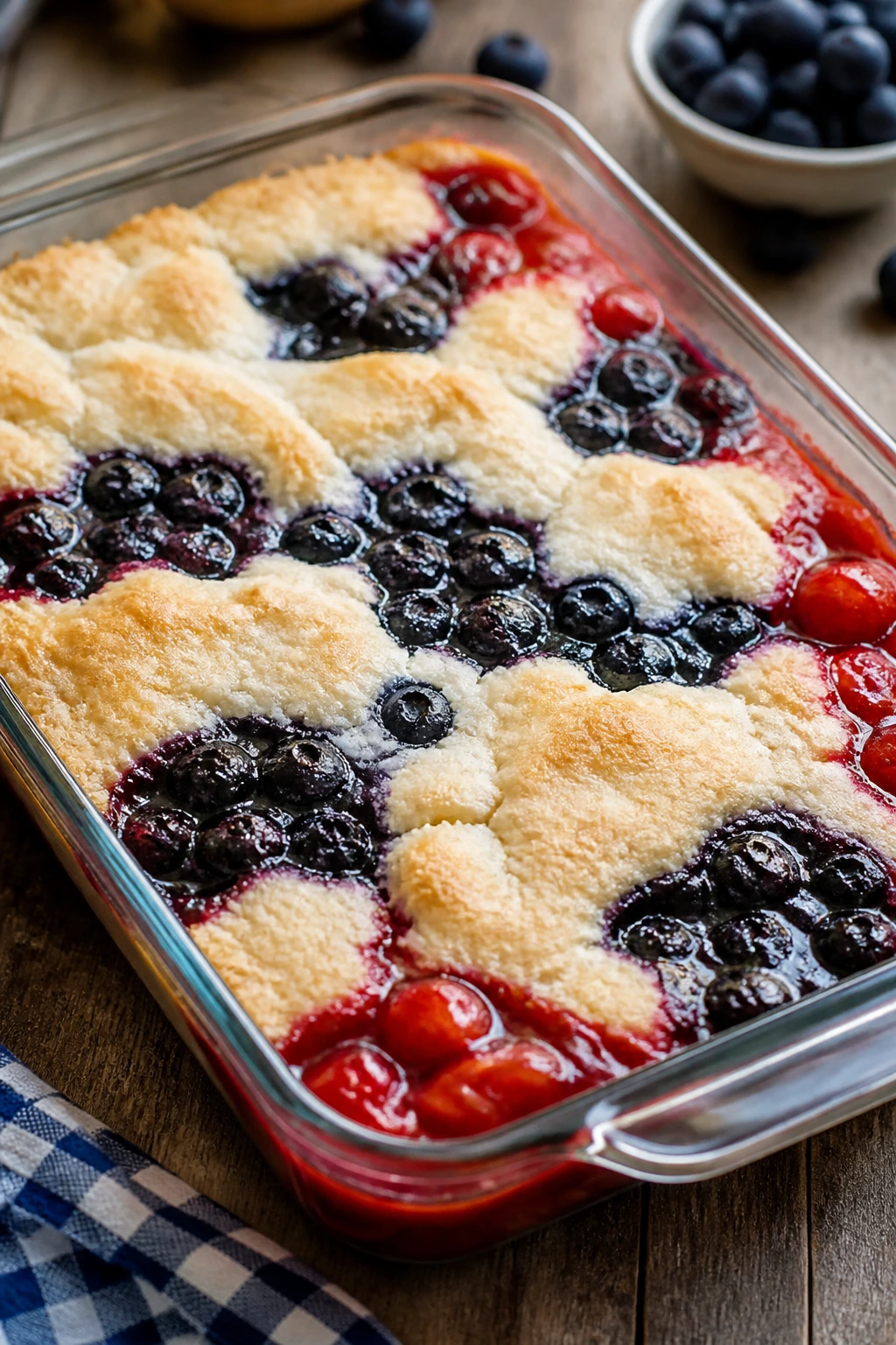 Close-up of Red White Blue Dump Cake in a baking dish