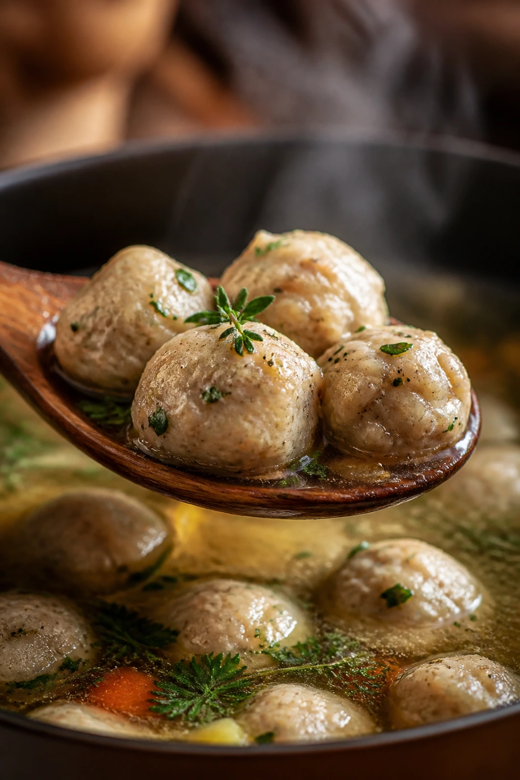 Tiny turkey thyme dumplings on a wooden spoon over broth