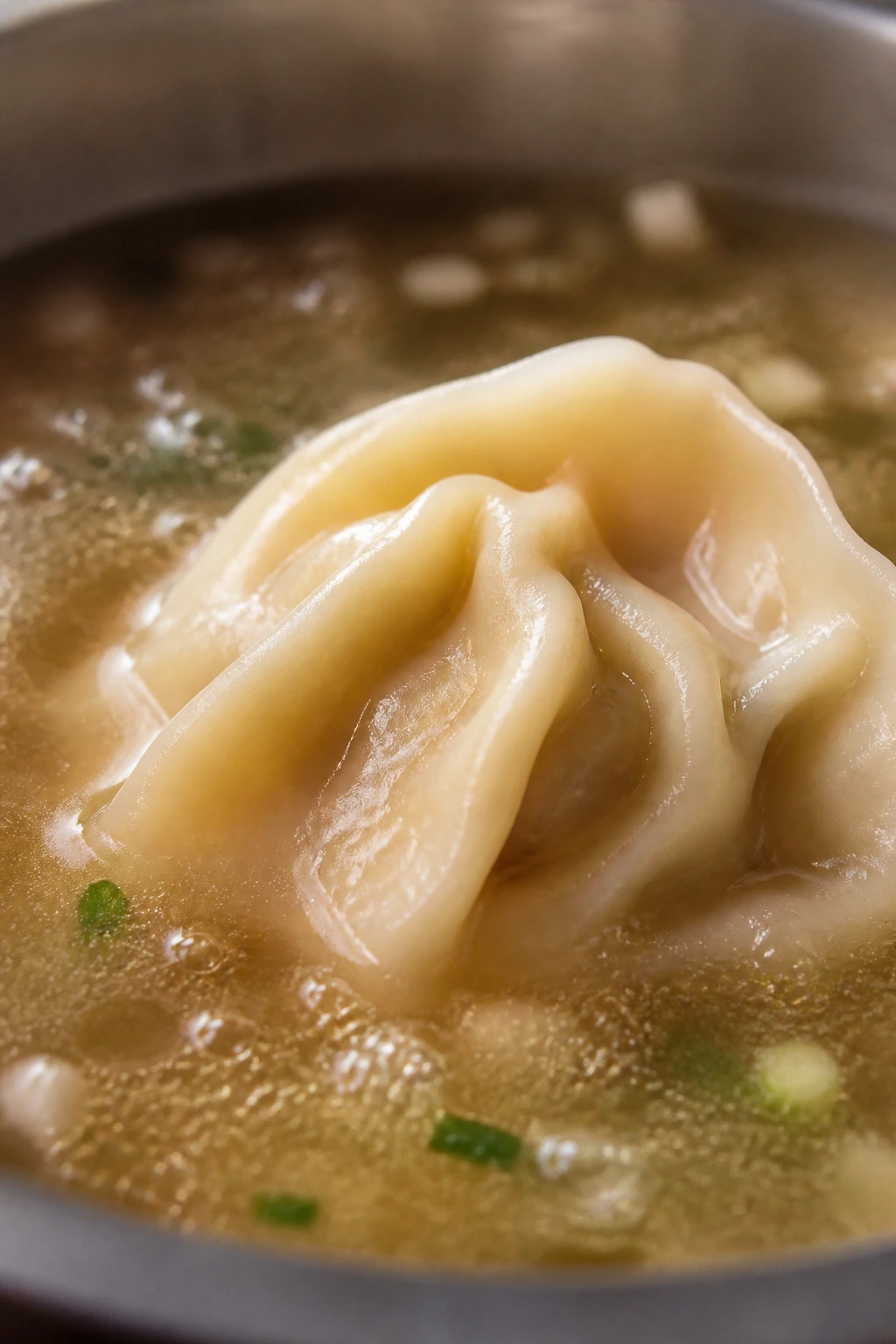Single dumpling in barely simmering broth with soft dough edges