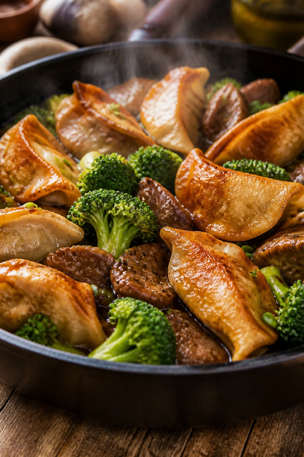 Skillet with crispy dumplings, beef and broccoli underneath