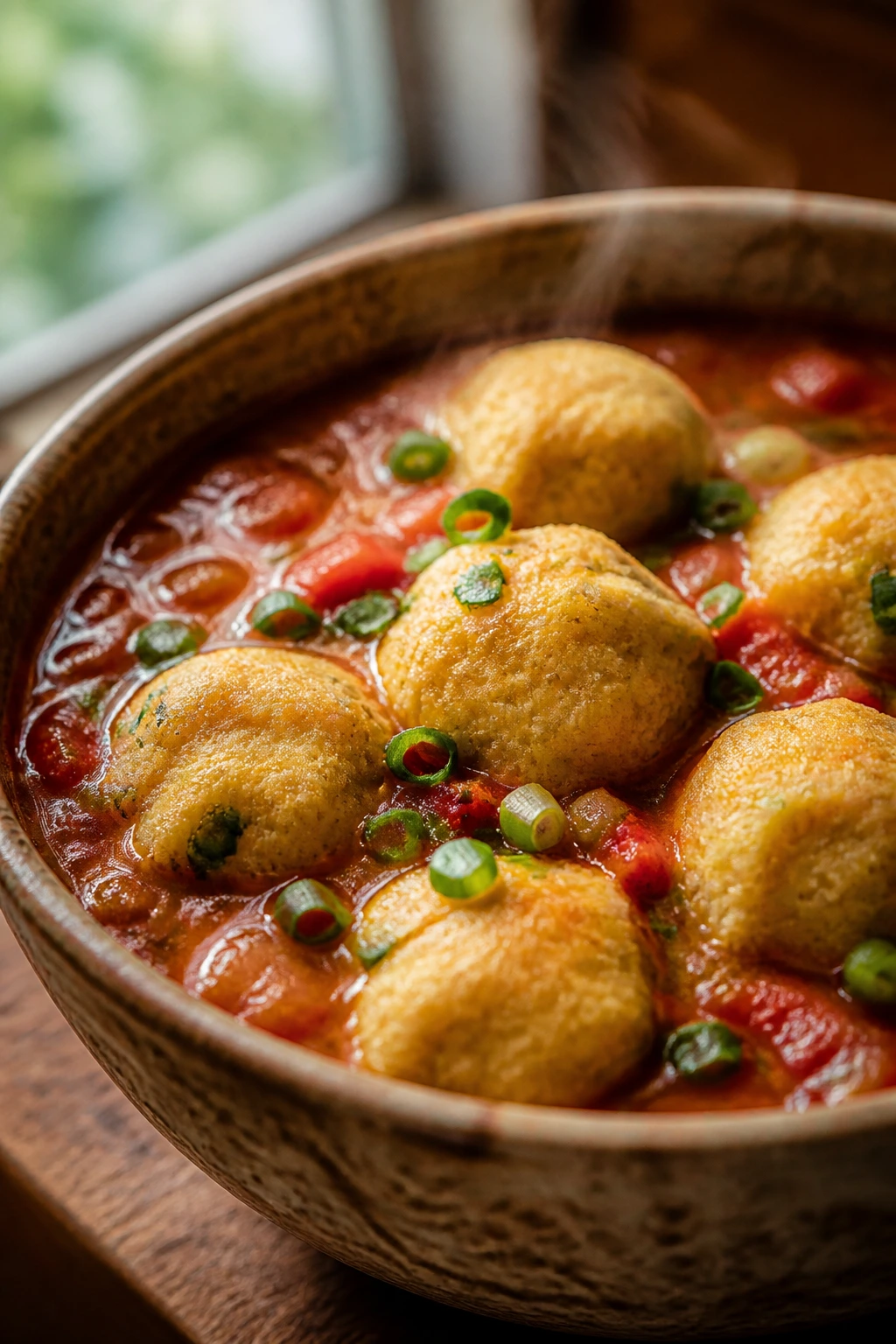 Close-up of cornmeal and scallion dumplings in thick tomato soup