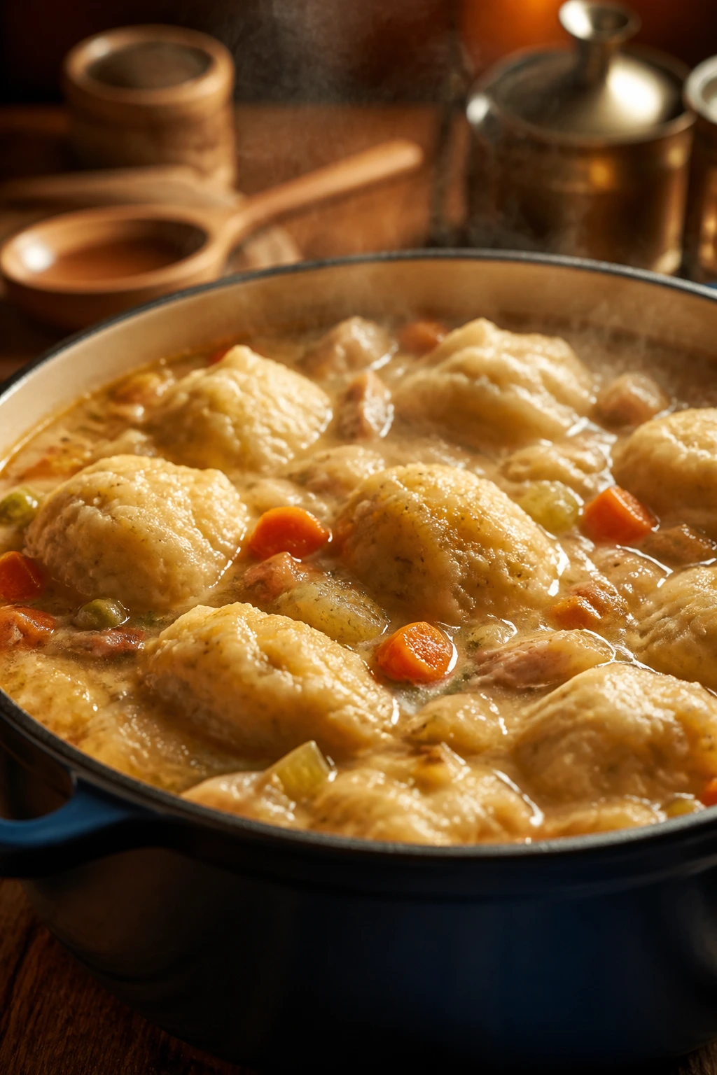 Close-up of a steaming dumpling dinner in a rich broth in a rustic kitchen