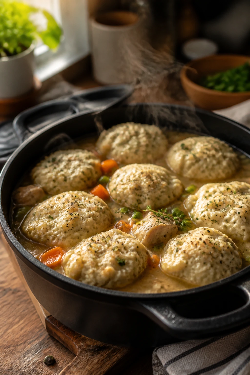 Steaming pot of dumplings on a kitchen counter for family night.