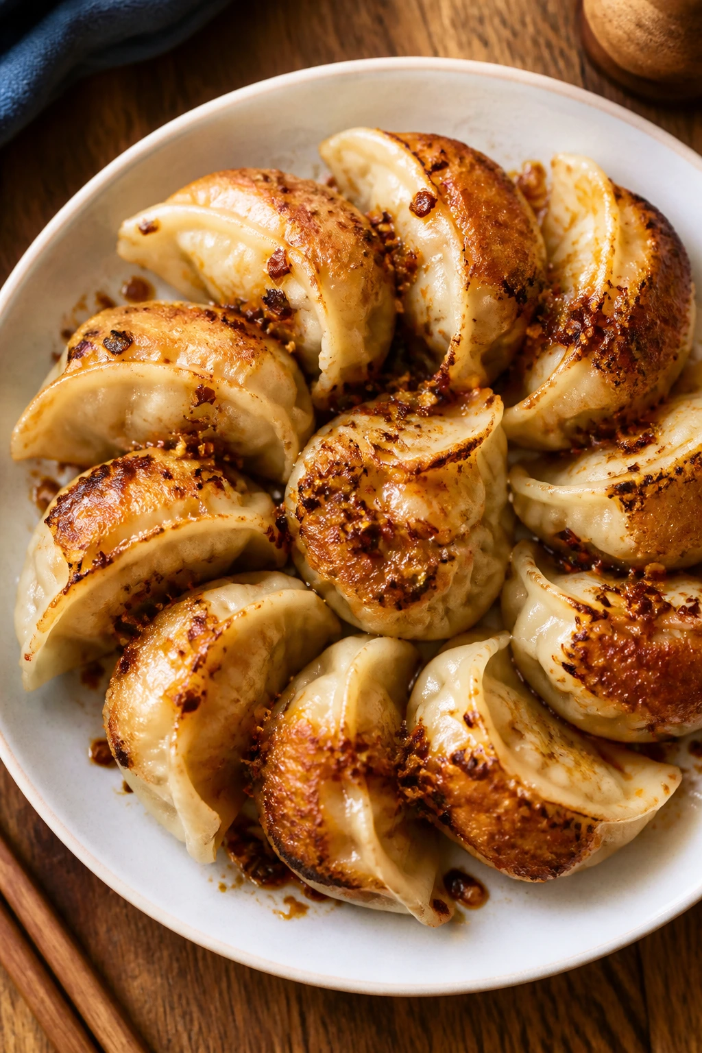 Pork dumplings with chili crisp on a plate