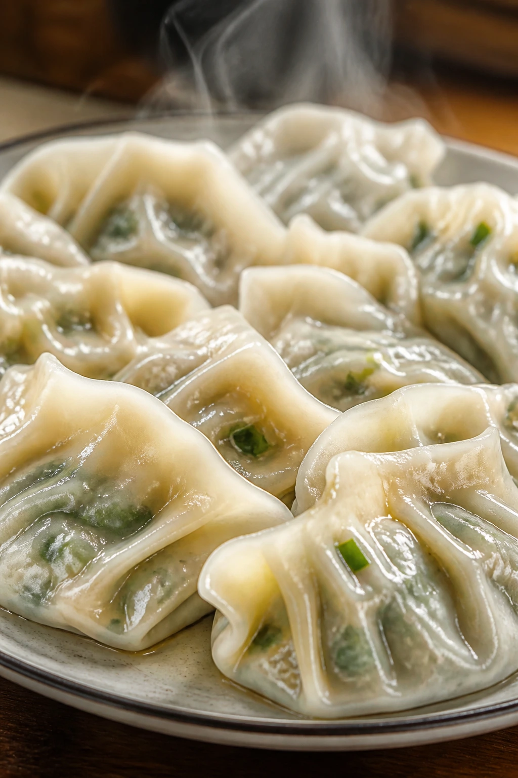 Pork and chive dumplings close-up on plate
