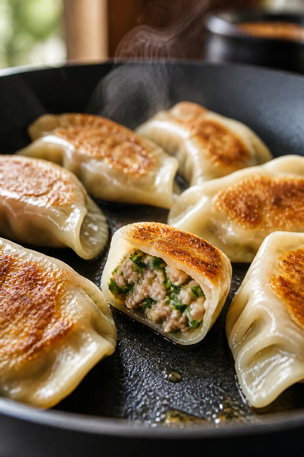 Close-up of pork and chive dumplings with golden bottoms in a skillet