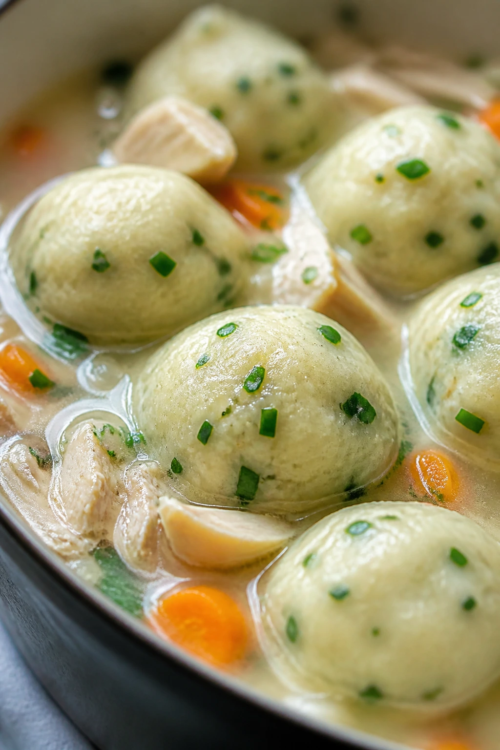 Close-up of potato chive dumplings in creamy chicken soup