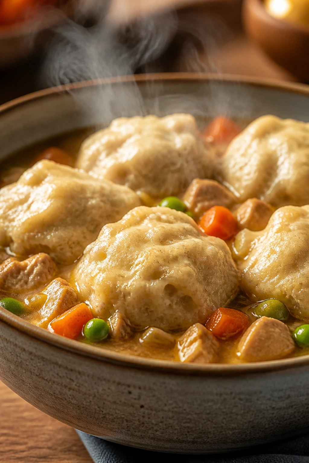 Steaming dumplings on top of stew in a bowl
