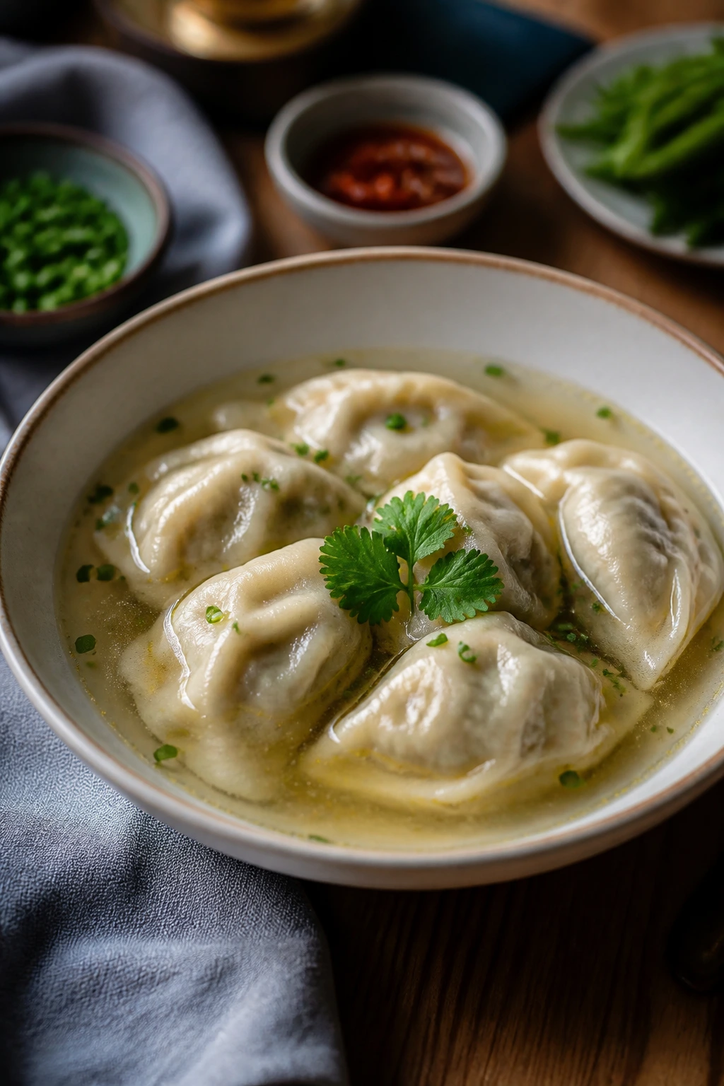 Serving bowl with dumplings in broth and herb garnish