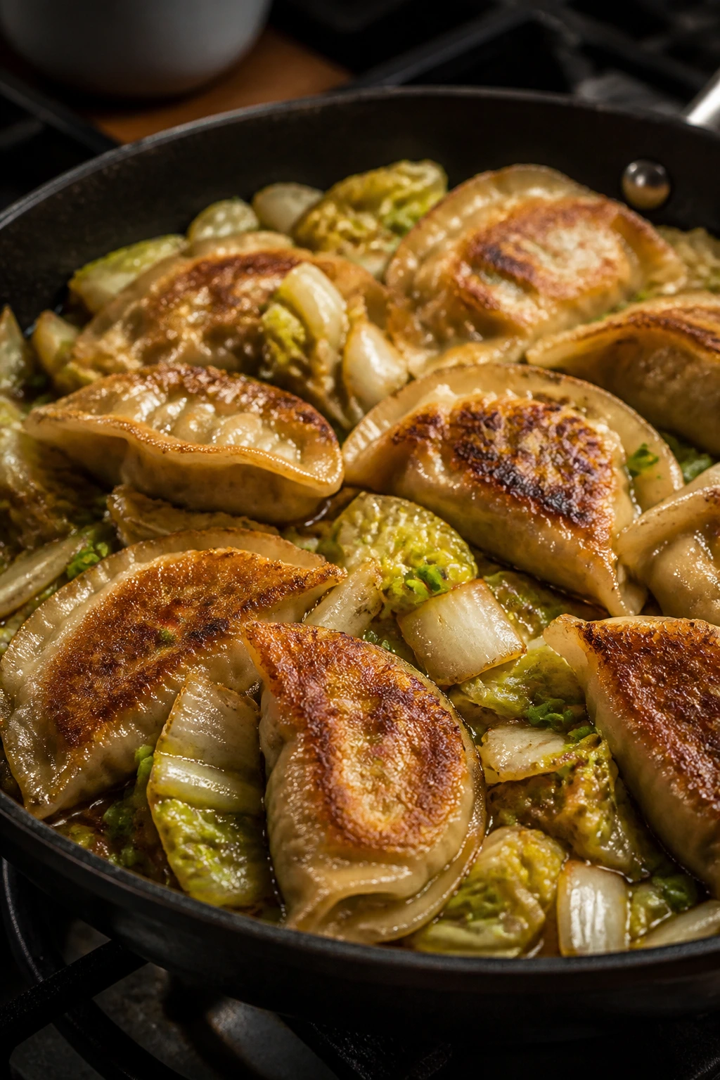 Golden-brown dumplings in a skillet with cabbage in a home kitchen