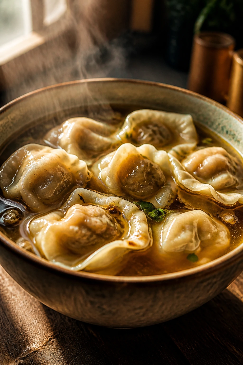 Close-up of steaming dumplings in broth in a rustic kitchen bowl