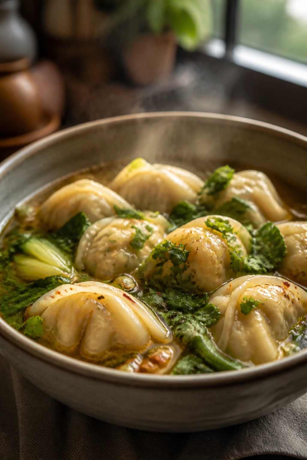 Steaming bowl of dumplings in flavorful broth inviting a repeat-worthy meal
