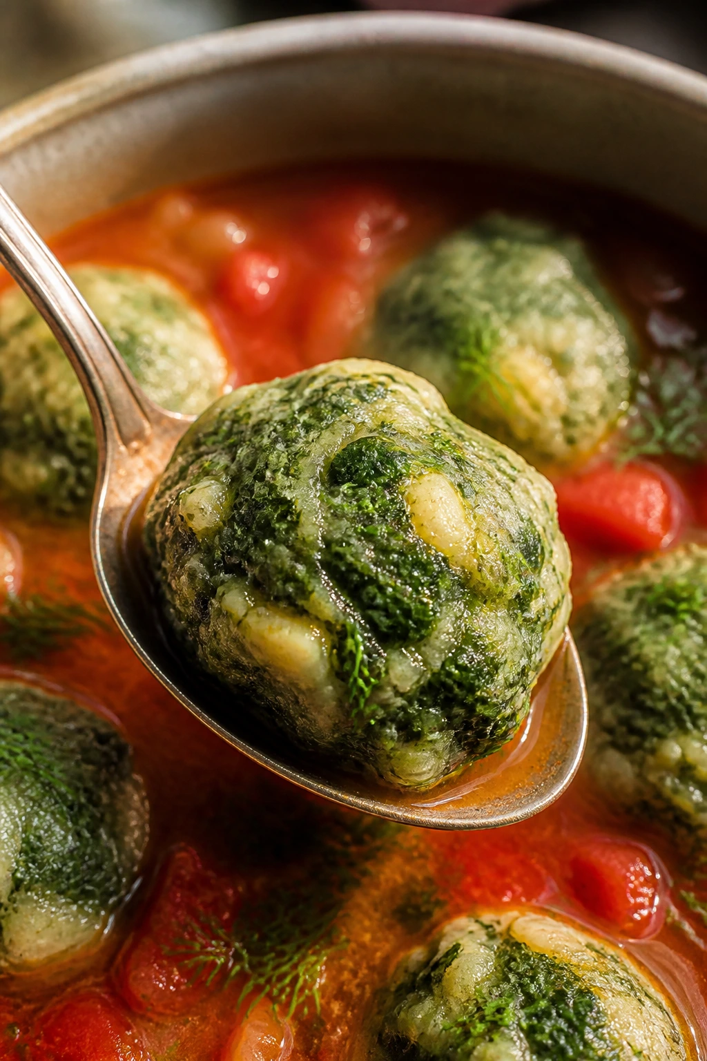 Spinach and feta dumpling on a spoon over tomato soup