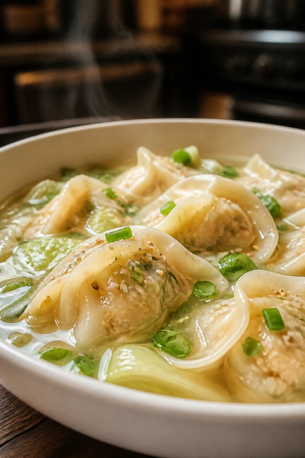 Close-up of tofu sesame dumplings in clear broth in a shallow bowl, vegan filling visible