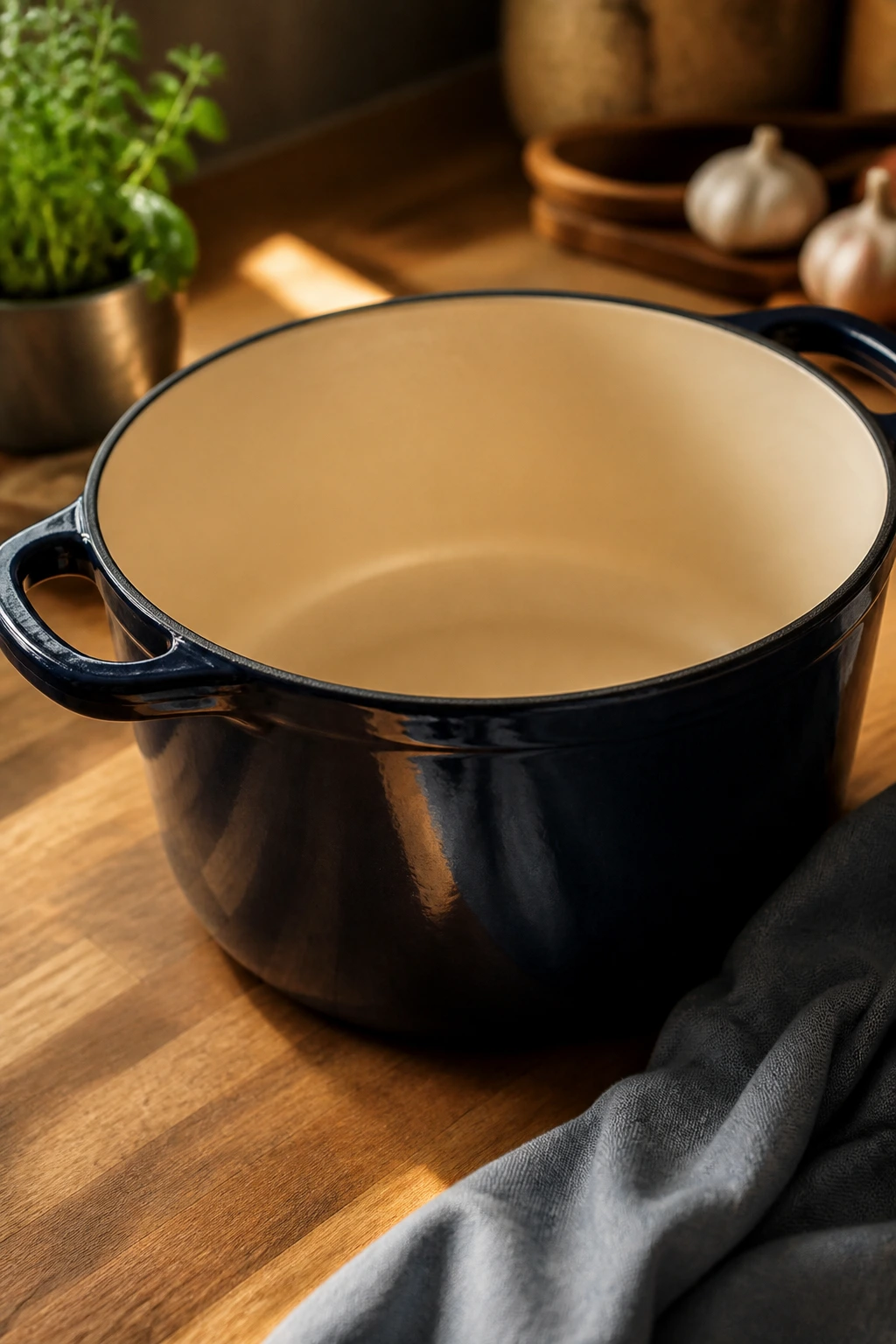 Close-up of a heavy Dutch oven on a kitchen counter.
