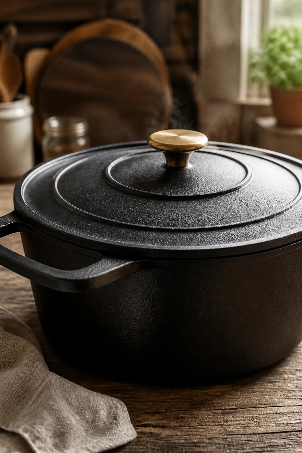 Close-up of a cast-iron Dutch oven with lid in a warm kitchen