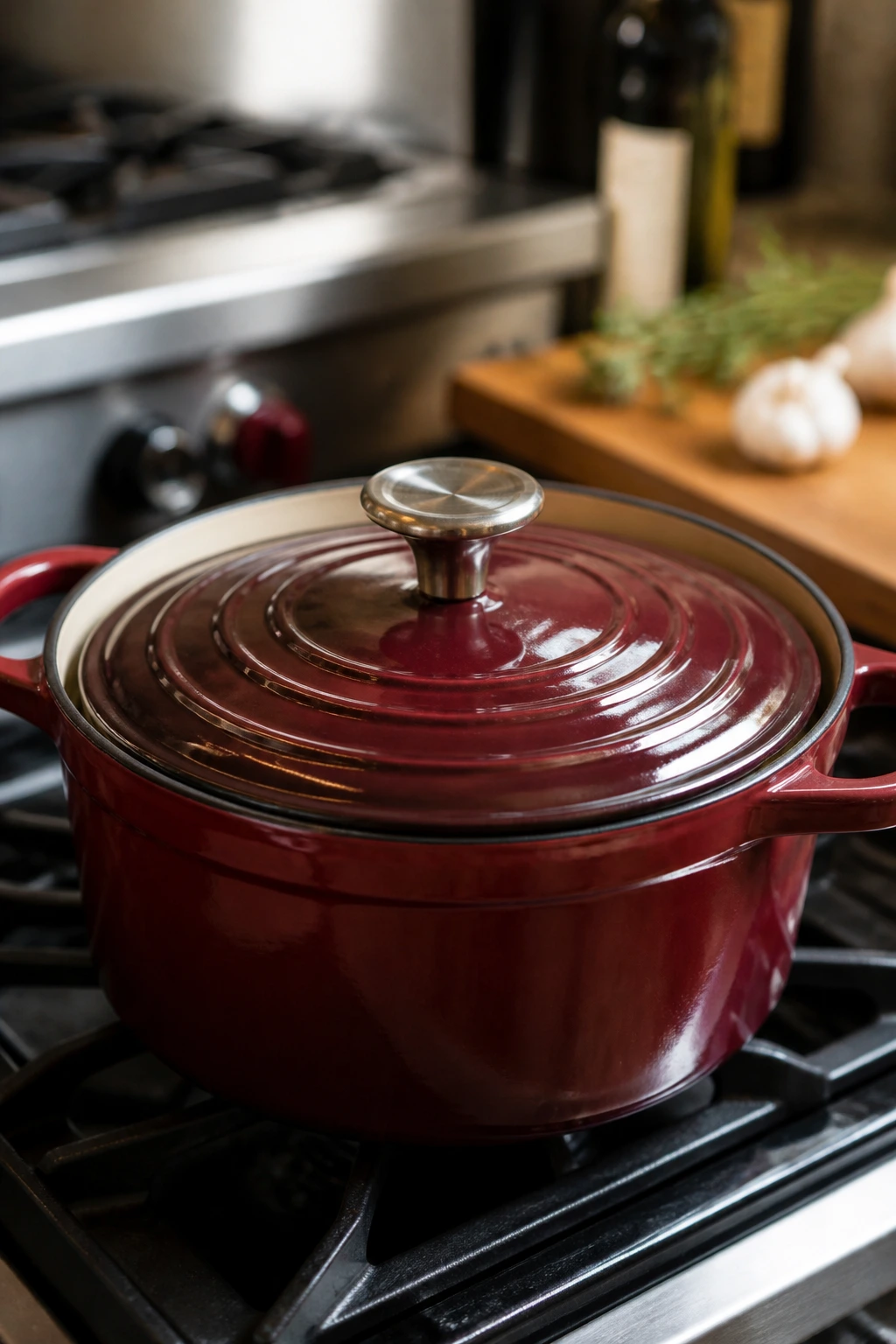 Dutch oven dominating the frame in a real kitchen