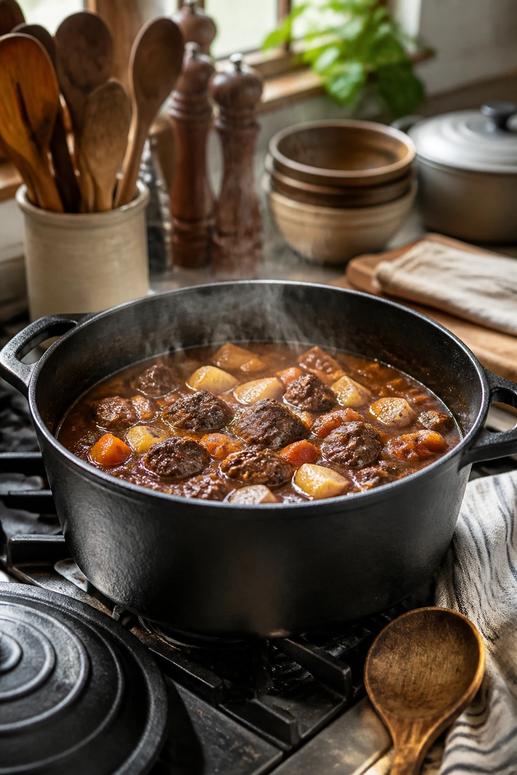 Cast iron Dutch oven with steam on a stove
