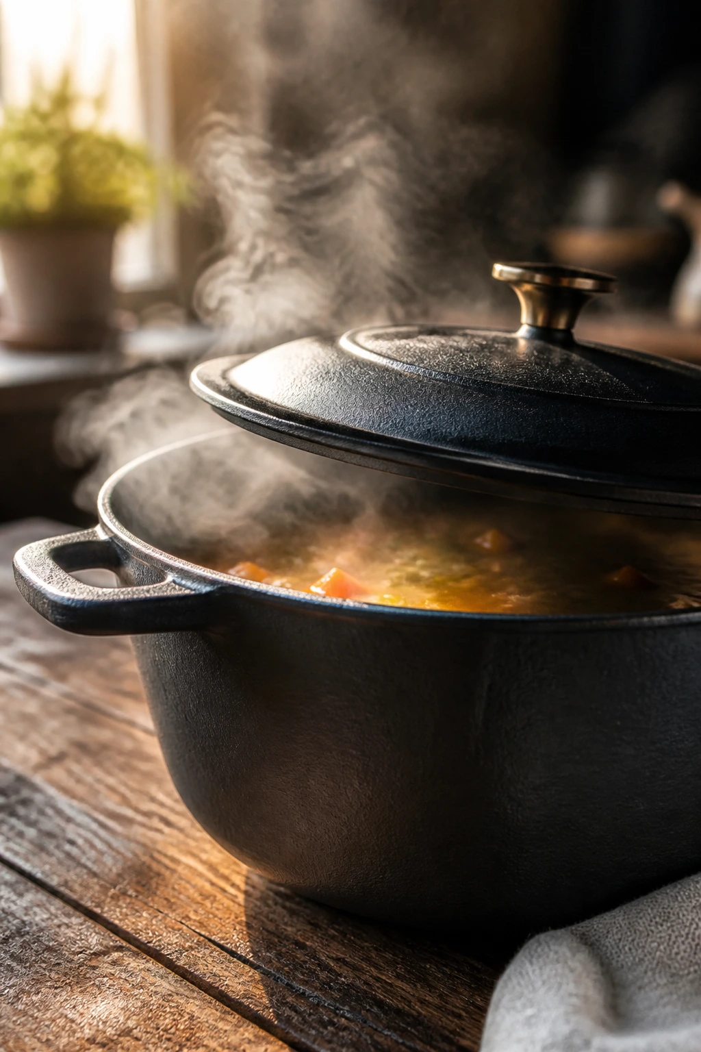 Close-up of a cast-iron Dutch oven with steam escaping