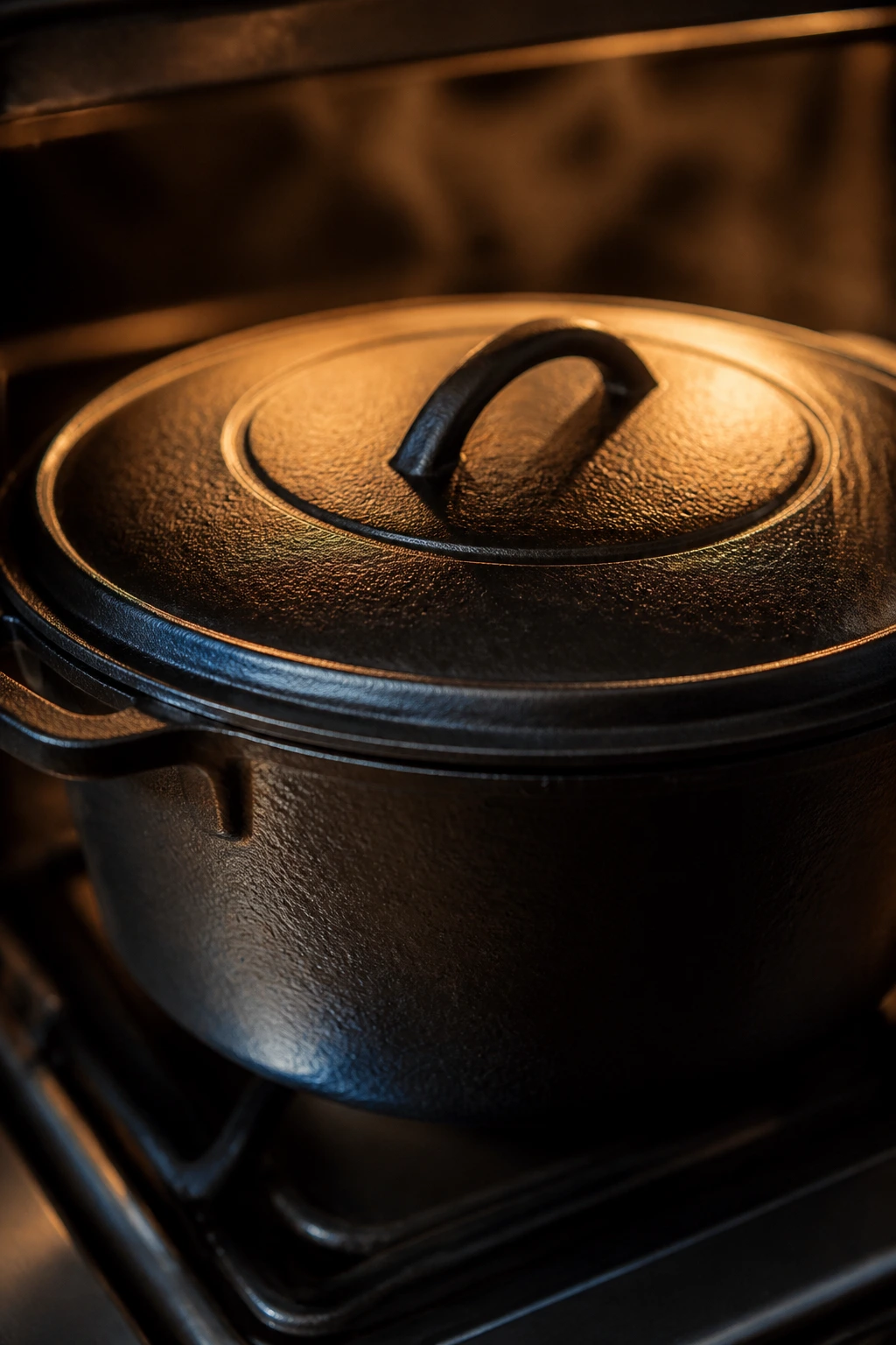 Close-up of a cast-iron Dutch oven on a stove in a cozy kitchen