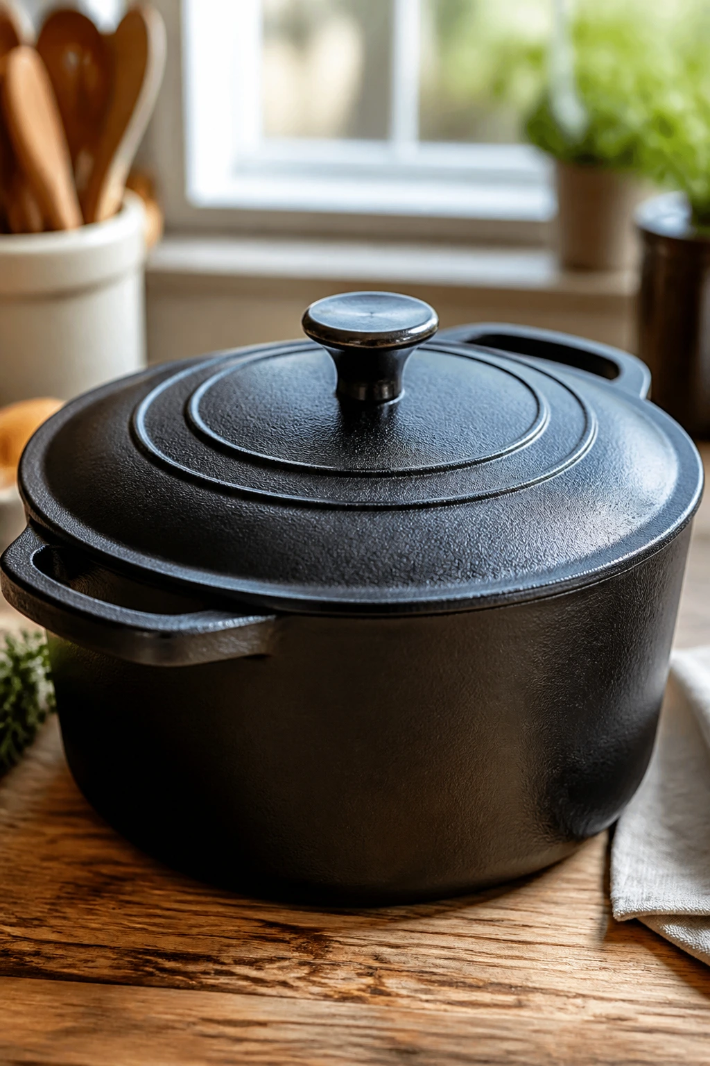 Close-up of a heavy Dutch oven on a warm kitchen counter