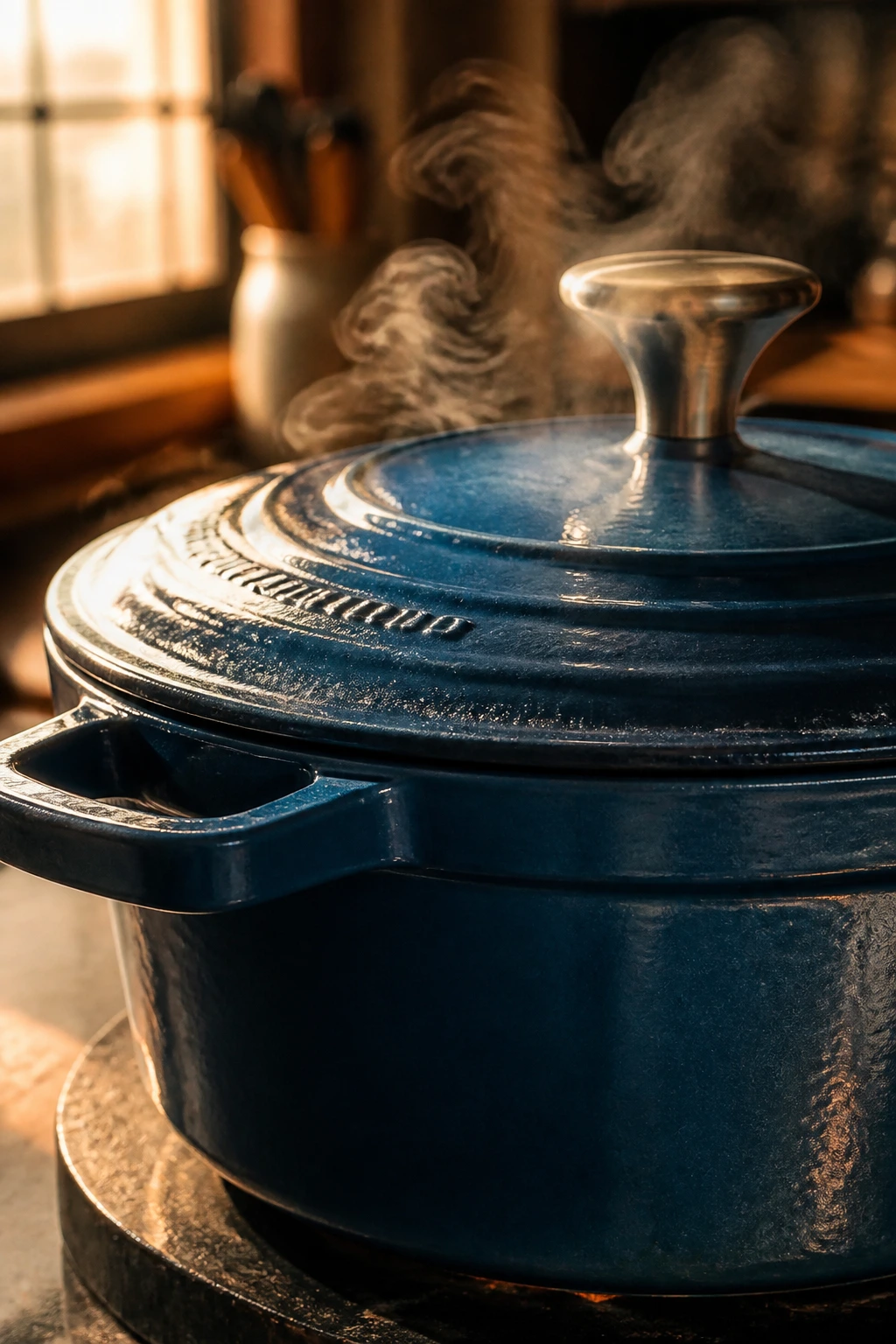 Close-up of a Dutch oven filling the frame, showcasing heavy cast iron and glossy enamel.