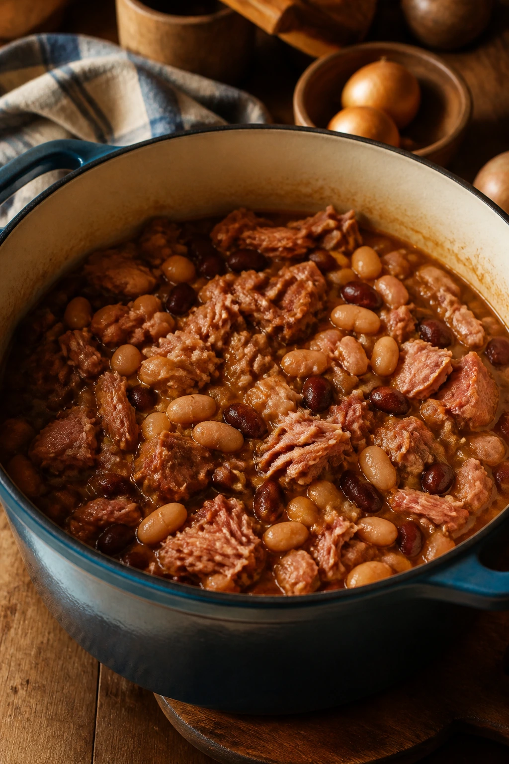 Dutch oven interior with simmering rustic mixture in a warm kitchen