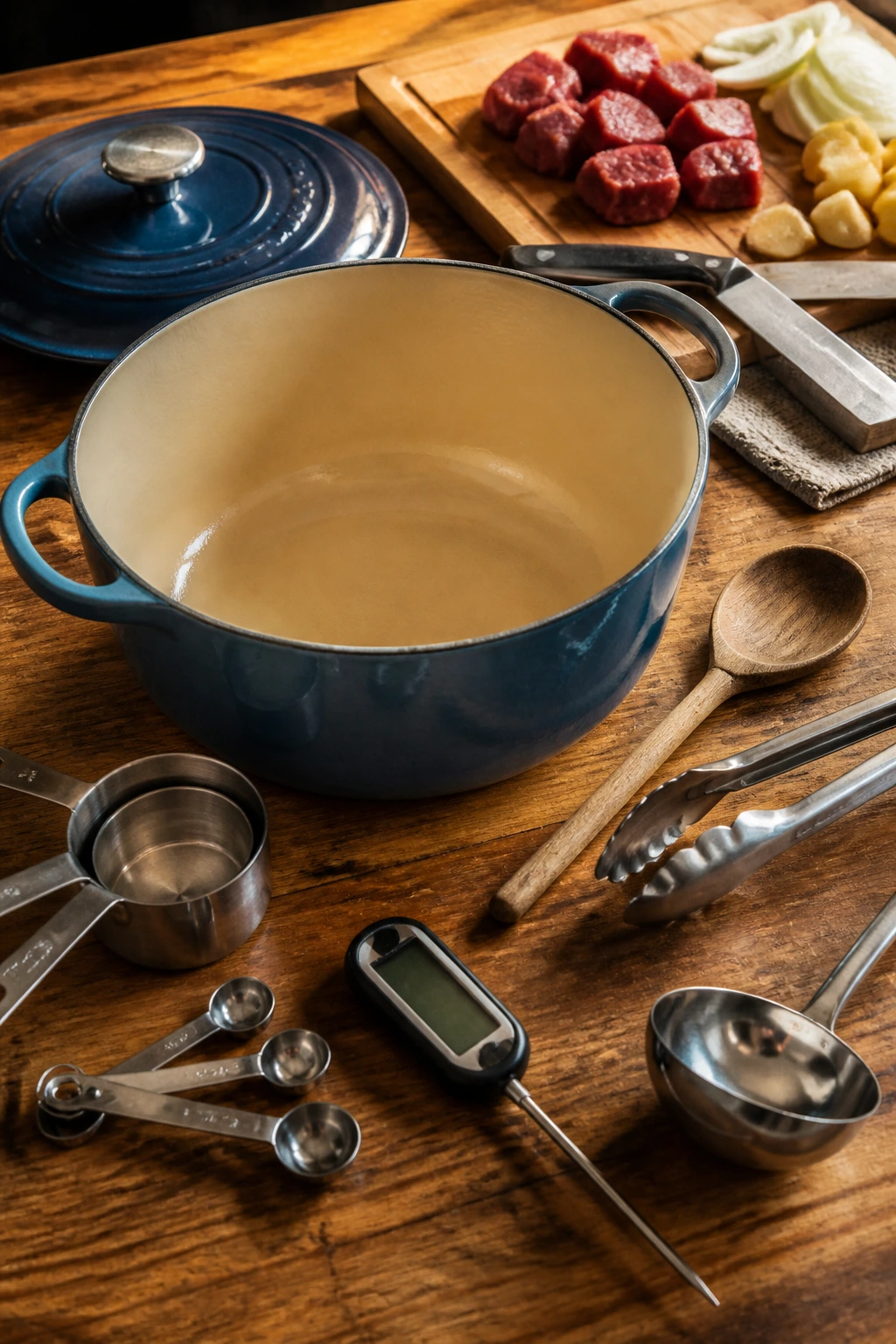 Enamel Dutch oven on wooden counter, interior visible
