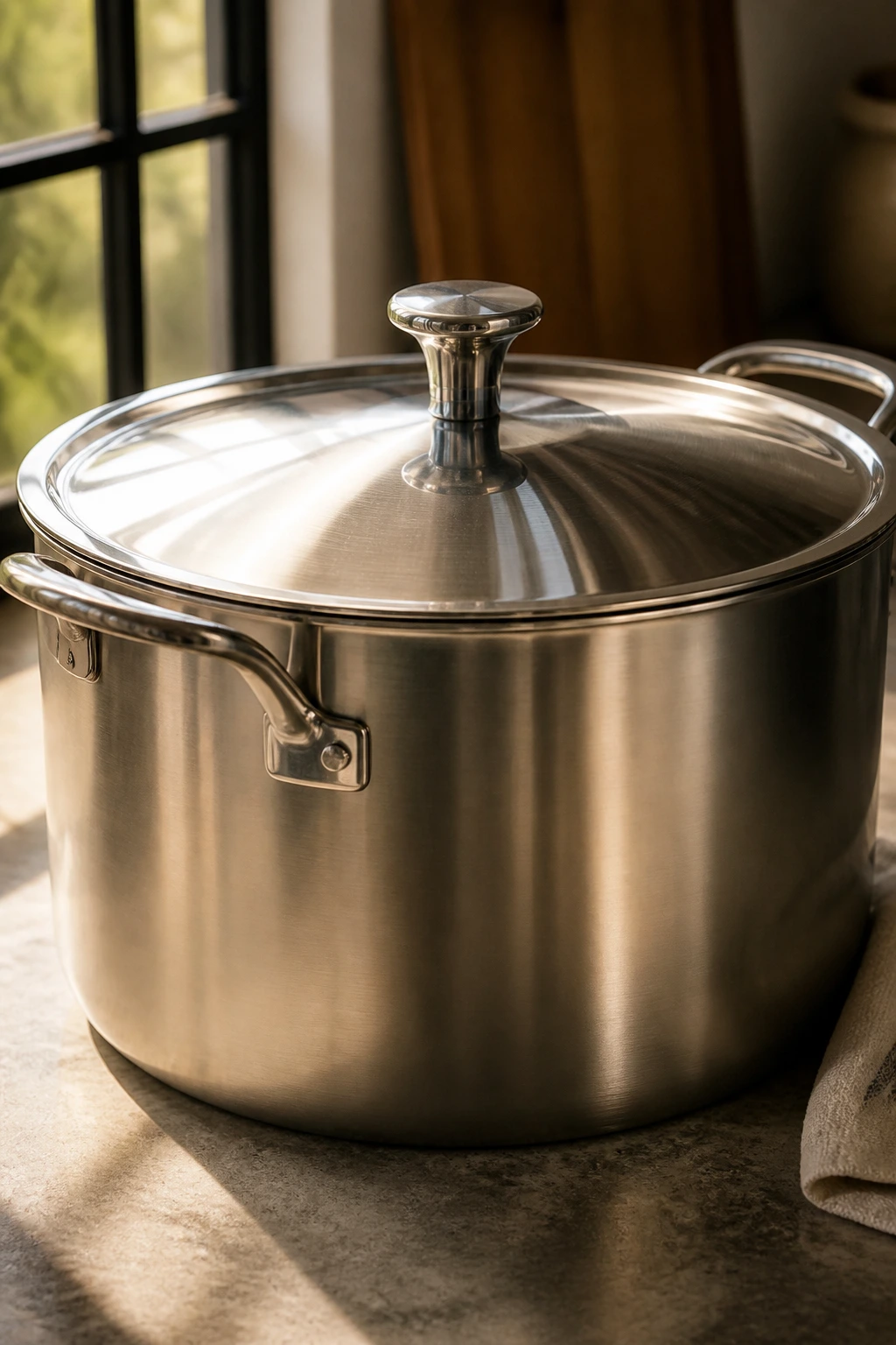 Shiny stainless steel Dutch oven on kitchen counter
