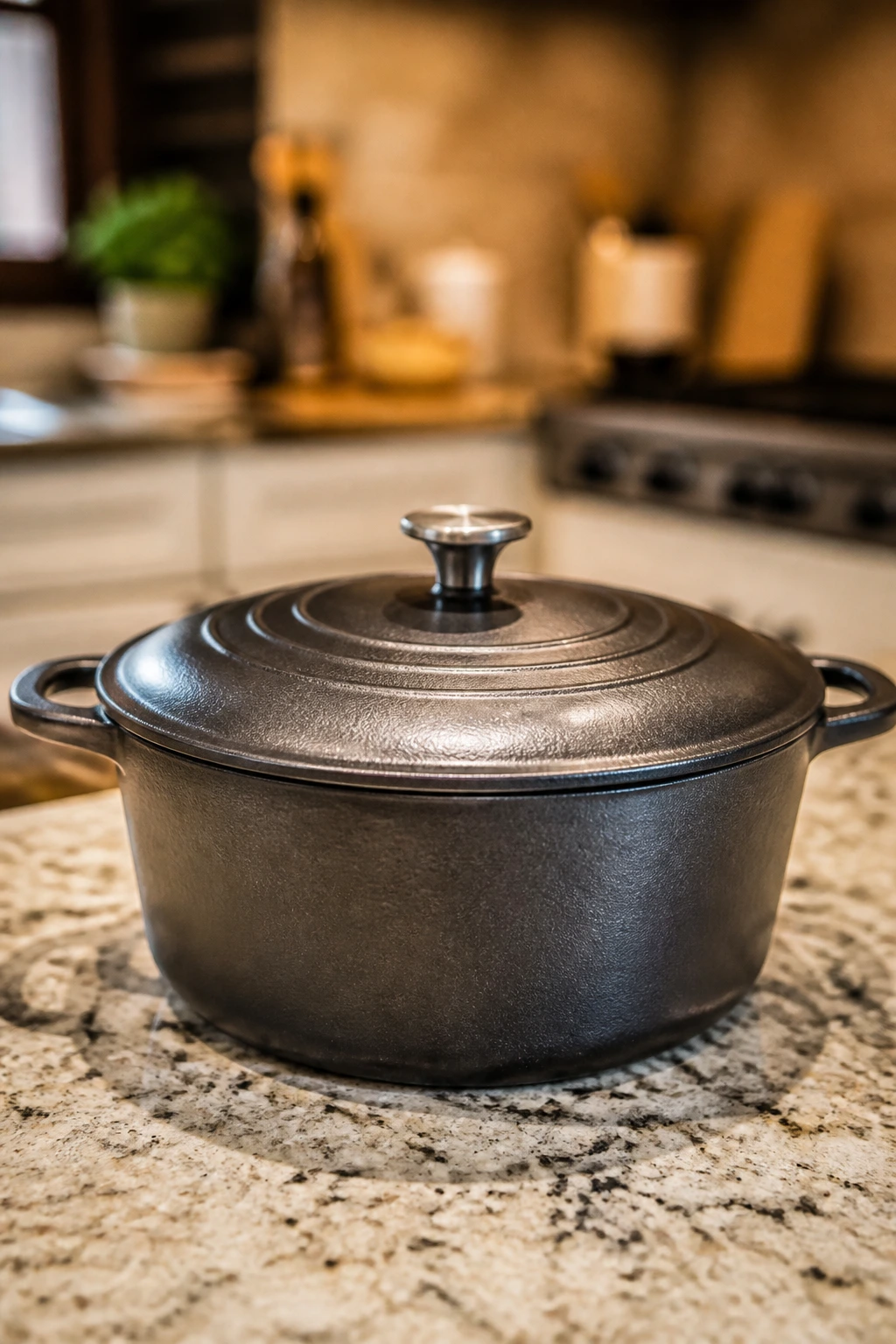 Close-up of a large Dutch oven on a kitchen counter