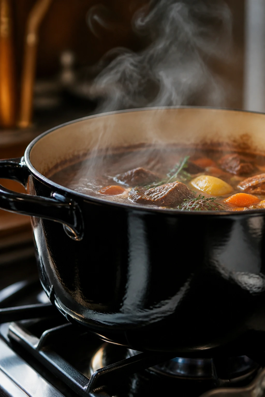 Dutch oven on stove with steam rising from the rim