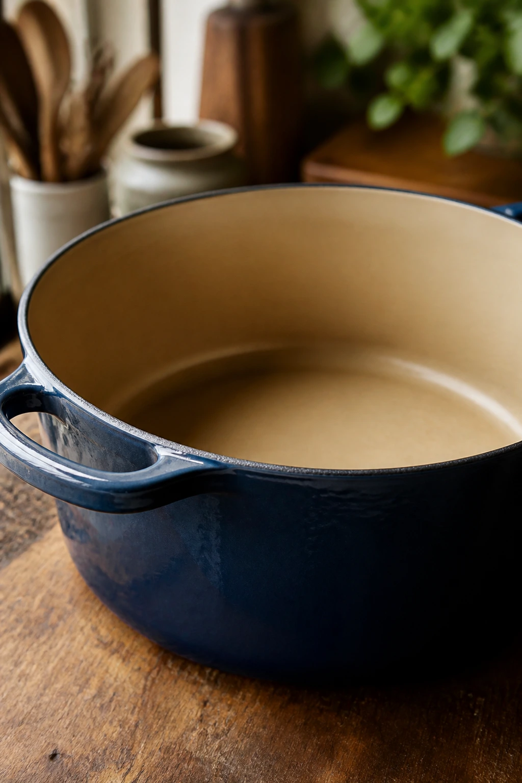 Close-up of a large Dutch oven on a kitchen counter