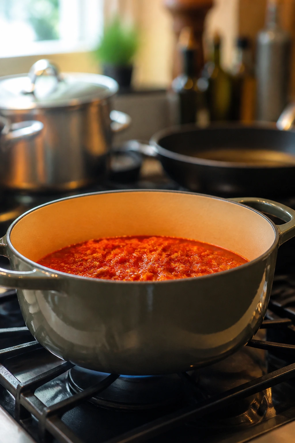 Heavy Dutch oven on a stove in a bright kitchen