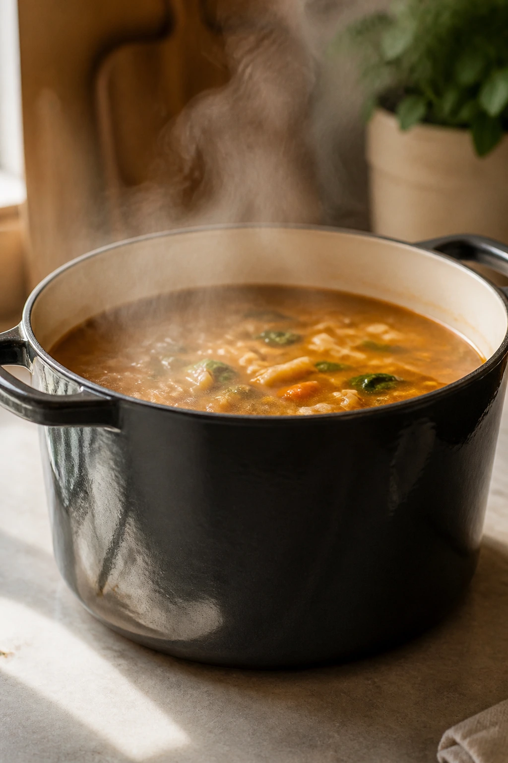 Close-up of a large Dutch oven, essential soups equipment