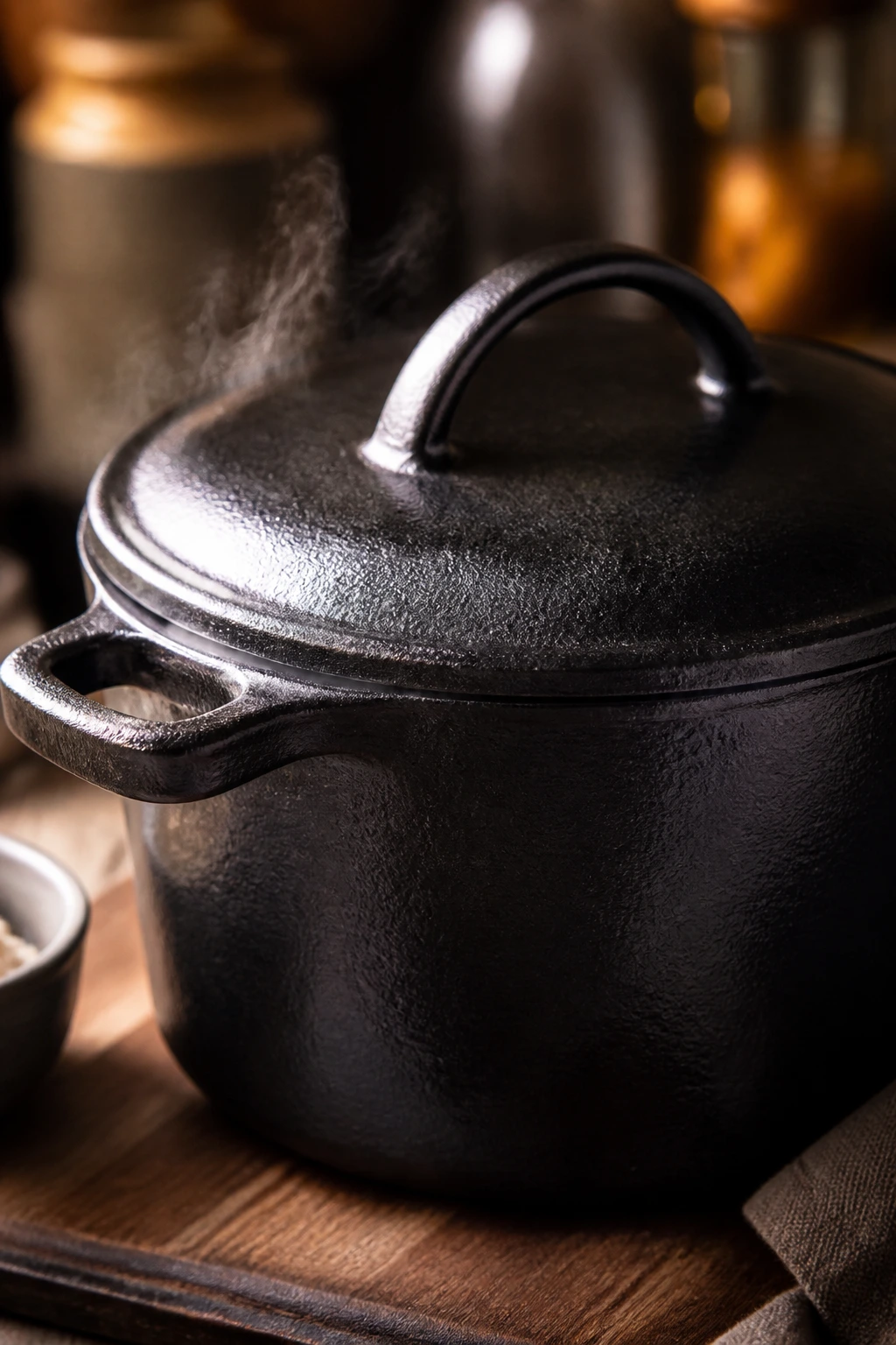 Cast-iron Dutch oven ready for roasting in a cozy kitchen